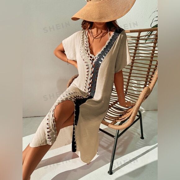 Boho Color Block Open Stitch Beach Cover Up - Picture 1 of 10